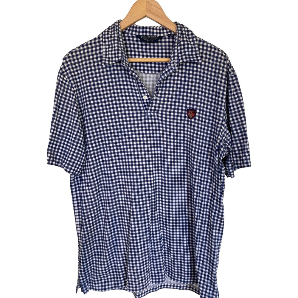 Polo Golf Ralph Lauren Mens Large Blue Gingham Pima Cotton Polo Shirt Pro Fit
